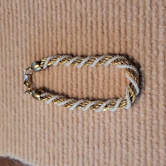 Trifari Twisted Rope Bracelet Faux Seed Pearl and Gold - Picture 4 of 8